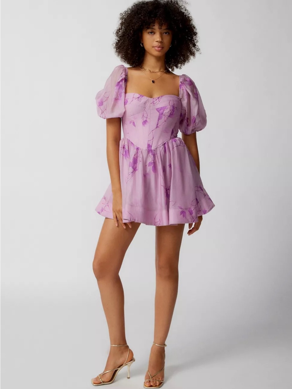 Whimsical Garden Party Fairy Bardot Kiah Corset Mini Dress Purple Floral Puff - Picture 2 of 16